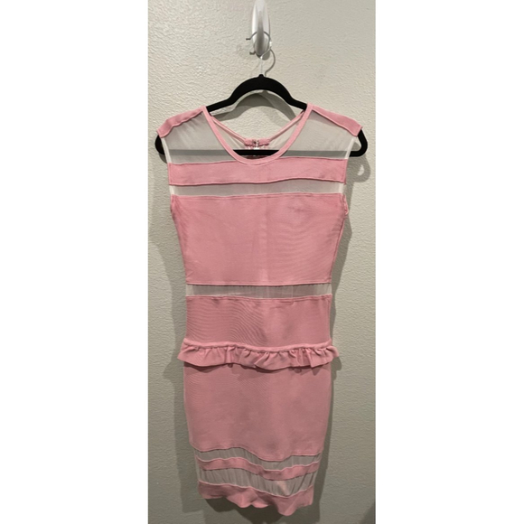 HERVE LEGER Sleeveless Mesh Pink Ruffle Bodycon Mini Dress - Picture 1 of 6